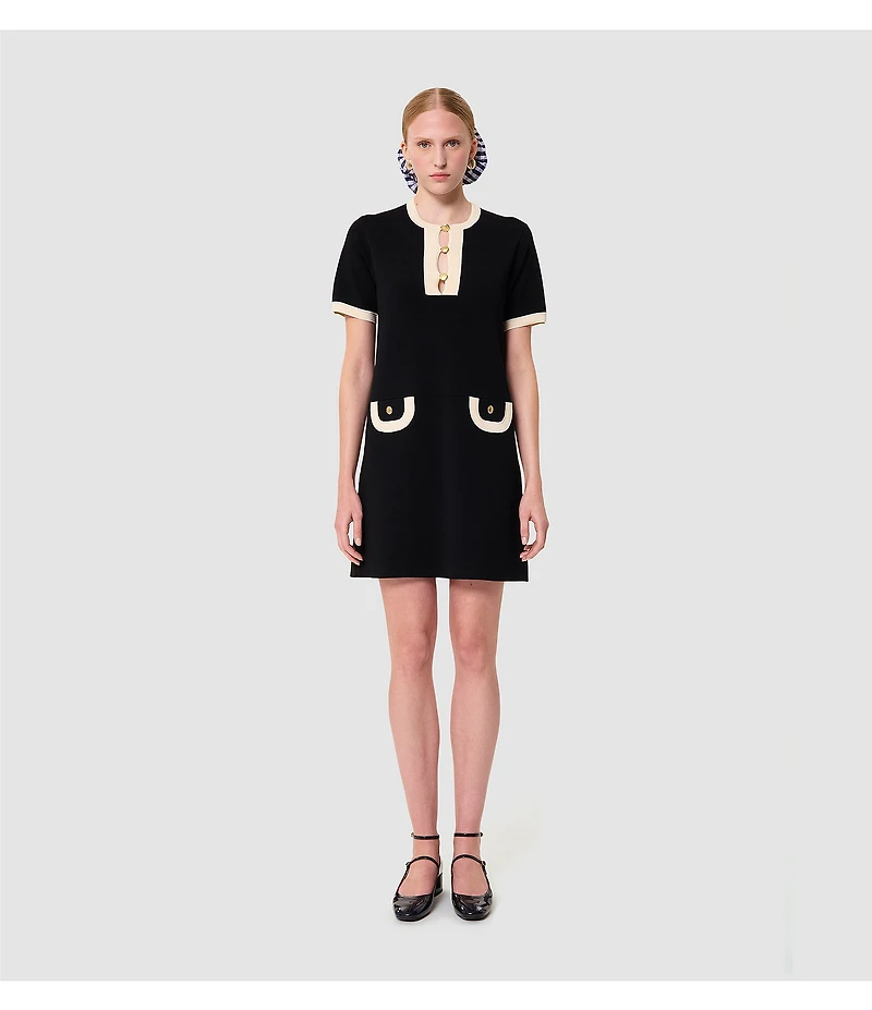 Tara Jarmon Roller Knit Round Button Front Neck Short Sleeve Dress