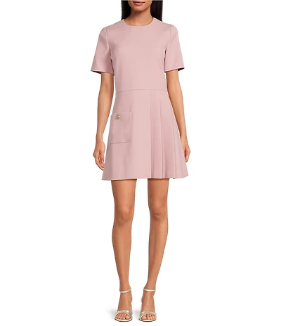 Tara Jarmon Rosella Woven Round Neck Short Sleeve Side Pleat Dress