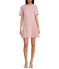Tara Jarmon Rosella Woven Round Neck Short Sleeve Side Pleat Dress