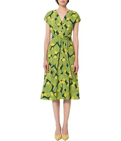 Tara Jarmon Rosia Floral V-Neck Cap Sleeve A-Line Tie Waist Midi Dress
