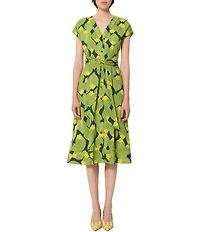 Tara Jarmon Rosia Floral V-Neck Cap Sleeve A-Line Tie Waist Midi Dress