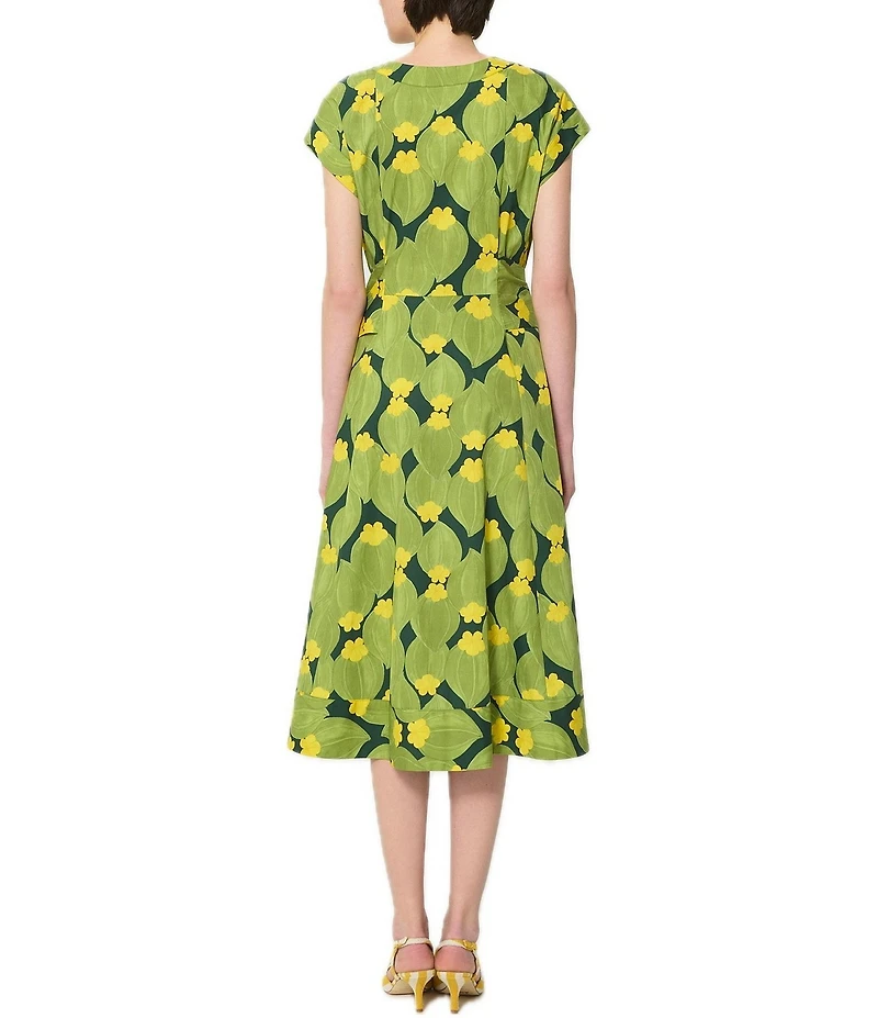 Tara Jarmon Rosia Floral V-Neck Cap Sleeve A-Line Tie Waist Midi Dress