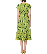 Tara Jarmon Rosia Floral V-Neck Cap Sleeve A-Line Tie Waist Midi Dress