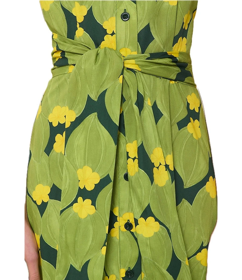 Tara Jarmon Rosia Floral V-Neck Cap Sleeve A-Line Tie Waist Midi Dress