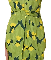 Tara Jarmon Rosia Floral V-Neck Cap Sleeve A-Line Tie Waist Midi Dress