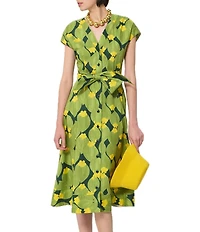 Tara Jarmon Rosia Floral V-Neck Cap Sleeve A-Line Tie Waist Midi Dress