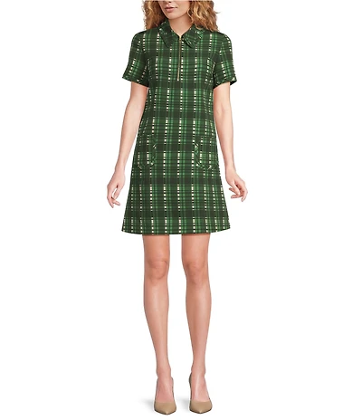 Tara Jarmon Rubina Plaid Print Point Collar Quarter Zip Short Sleeve A-Line Dress