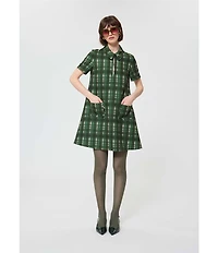 Tara Jarmon Rubina Plaid Print Point Collar Quarter Zip Short Sleeve A-Line Dress