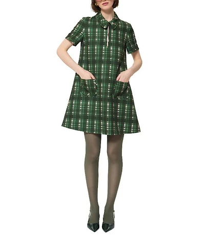 Tara Jarmon Rubina Plaid Print Point Collar Quarter Zip Short Sleeve A-Line Dress