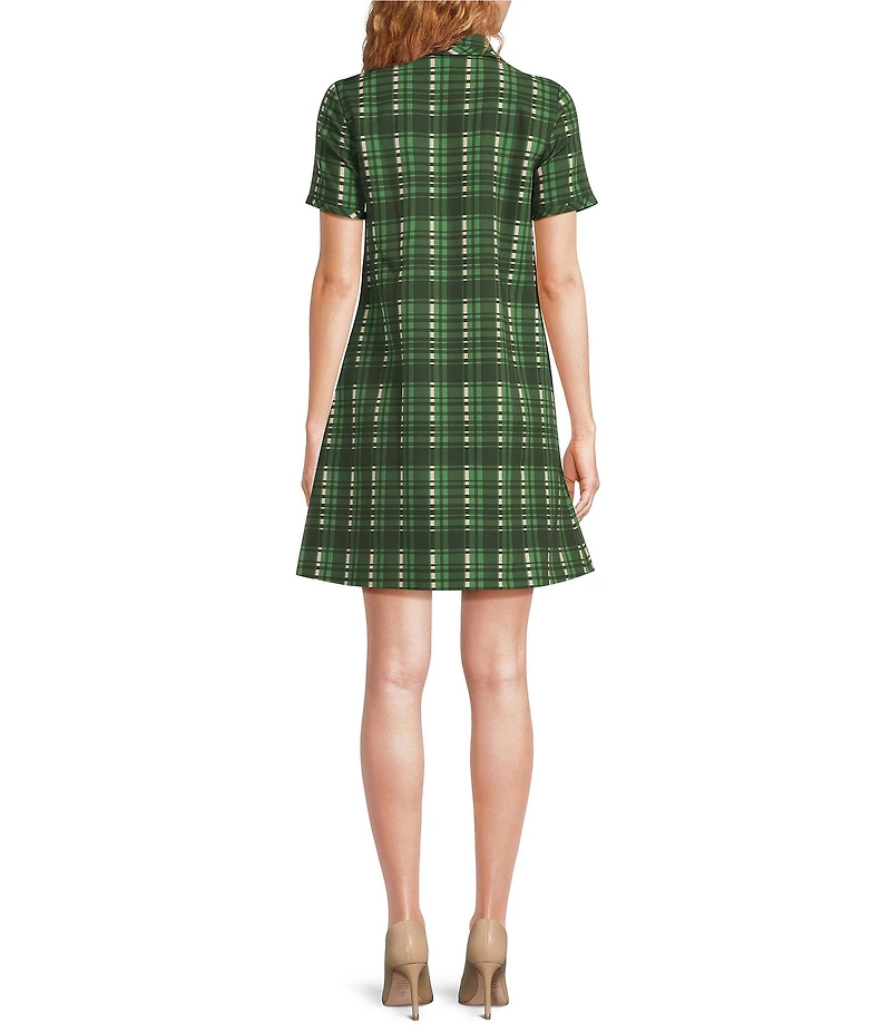 Tara Jarmon Rubina Plaid Print Point Collar Quarter Zip Short Sleeve A-Line Dress