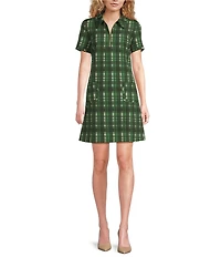Tara Jarmon Rubina Plaid Print Point Collar Quarter Zip Short Sleeve A-Line Dress