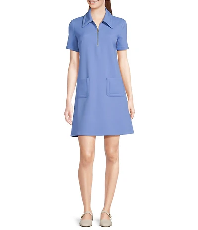 Tara Jarmon Rubina Point Collar Quarter Zip Short Sleeve A-Line Dress