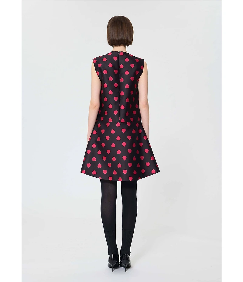 Tara Jarmon Rumba Duchess Satin Heart Print V-Neck Sleeveless Fit-And-Flare Dress