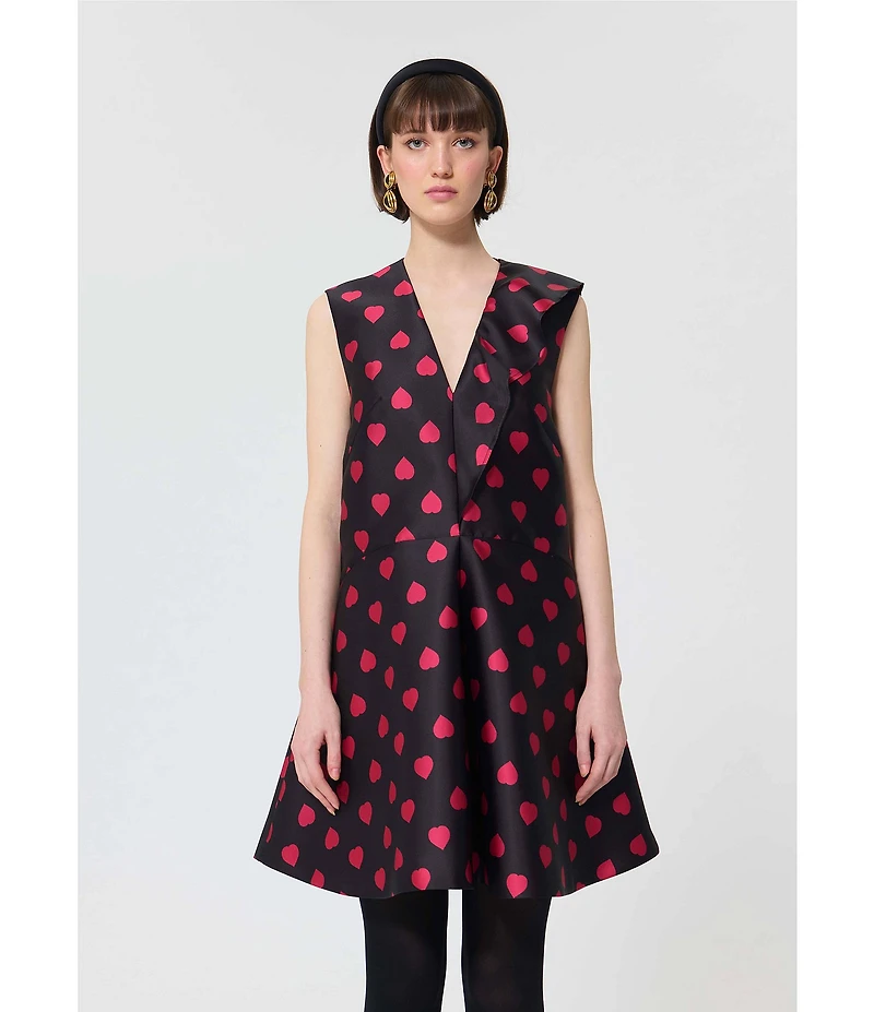 Tara Jarmon Rumba Duchess Satin Heart Print V-Neck Sleeveless Fit-And-Flare Dress