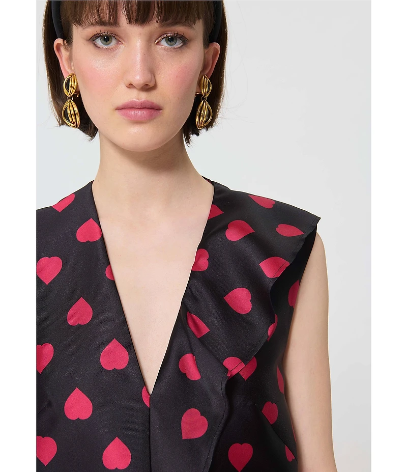 Tara Jarmon Rumba Duchess Satin Heart Print V-Neck Sleeveless Fit-And-Flare Dress