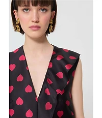 Tara Jarmon Rumba Duchess Satin Heart Print V-Neck Sleeveless Fit-And-Flare Dress