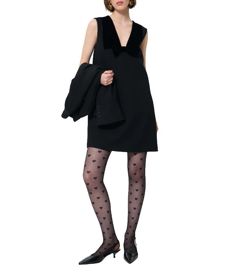 Tara Jarmon Rusane Crepe V-Neck Velour Bow Sleeveless A-Line Mini Dress