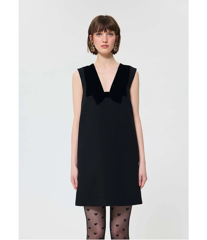 Tara Jarmon Rusane Crepe V-Neck Velour Bow Sleeveless A-Line Mini Dress