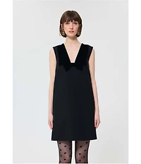 Tara Jarmon Rusane Crepe V-Neck Velour Bow Sleeveless A-Line Mini Dress