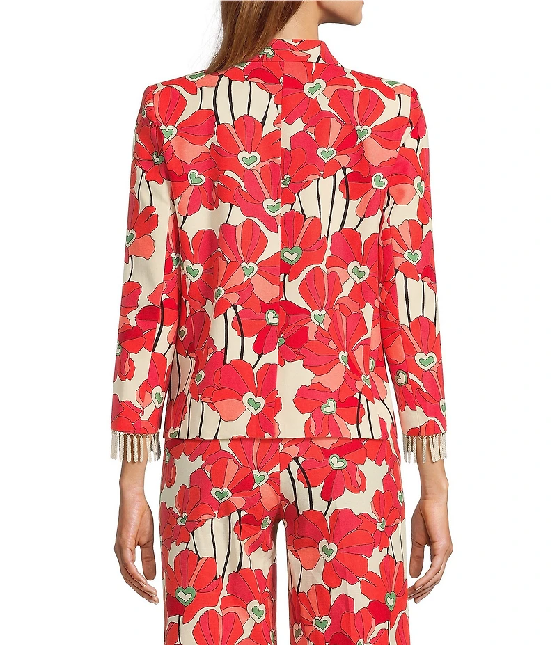 Tara Jarmon Valensole Floral Print Notch Lapel Bracelet Sleeve Beaded Fringe Jacket