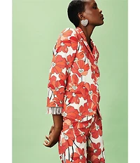 Tara Jarmon Valensole Floral Print Notch Lapel Bracelet Sleeve Beaded Fringe Jacket