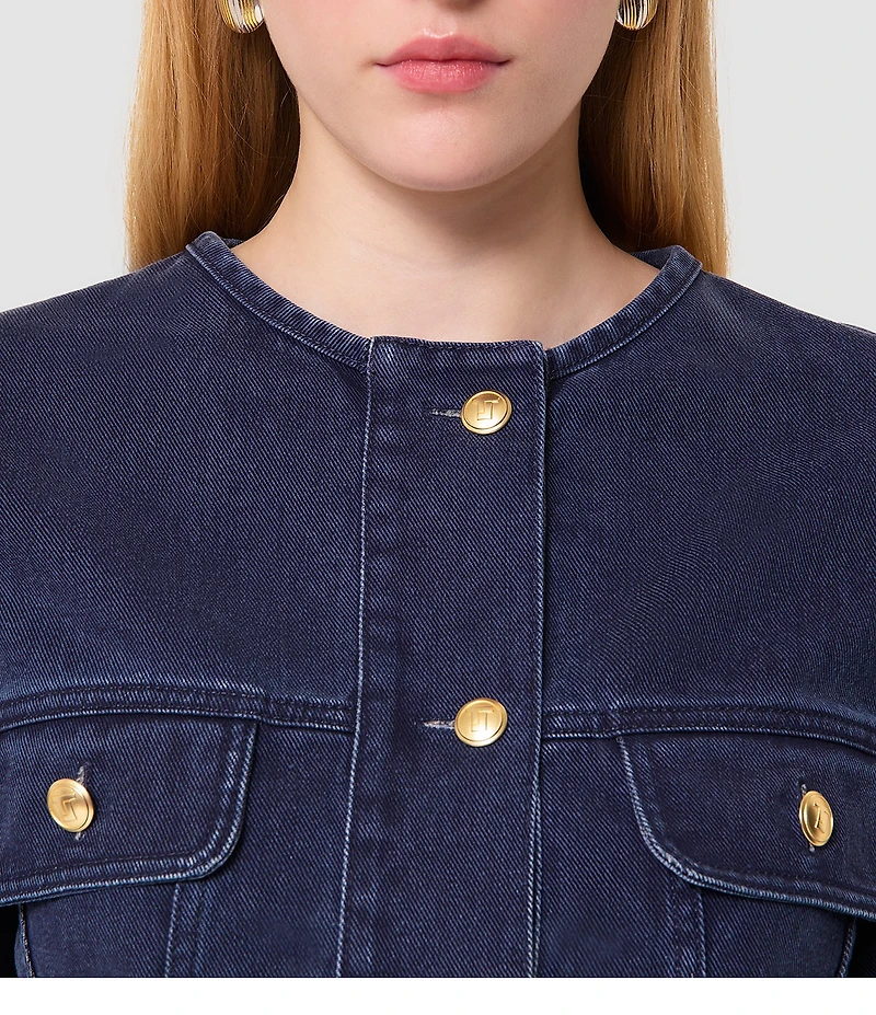 Tara Jarmon Vick Denim Round Neck Long Bell Sleeve Crop Jean Jacket