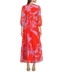 Taylor Chiffon Floral Print V Neck 3/4 Sleeve A-Line Maxi Dress