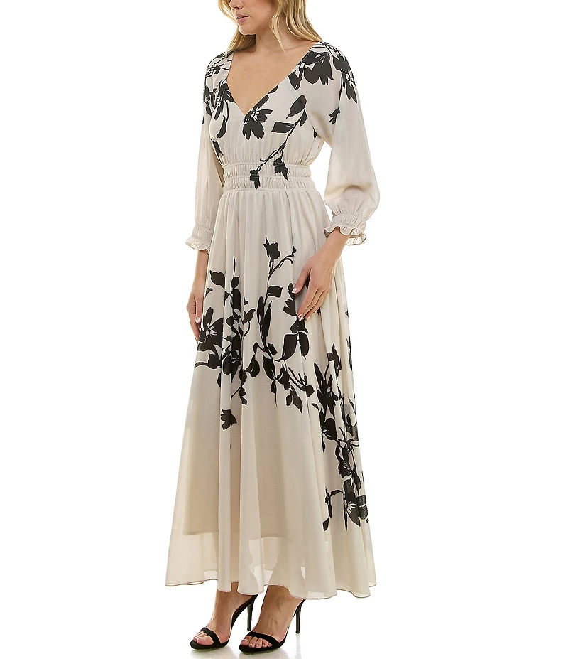 Taylor Floral Print Chiffon V-Neck Long Ruffle Cuff Sleeve Fit & Flare Maxi Dress