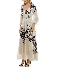 Taylor Floral Print Chiffon V-Neck Long Ruffle Cuff Sleeve Fit & Flare Maxi Dress