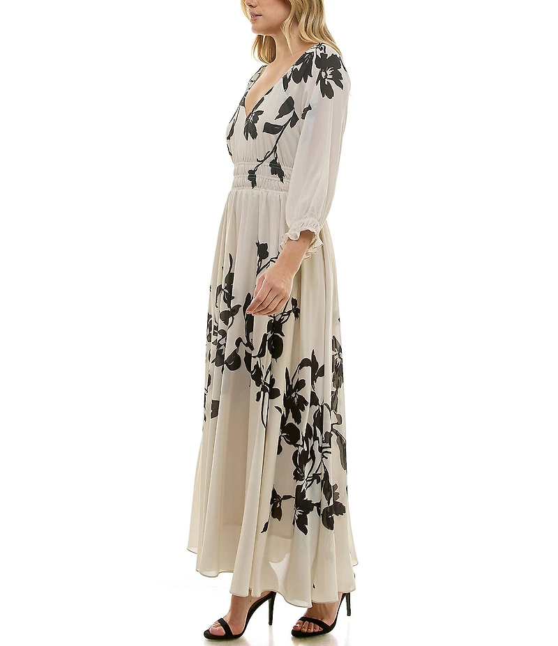 Taylor Floral Print Chiffon V-Neck Long Ruffle Cuff Sleeve Fit & Flare Maxi Dress
