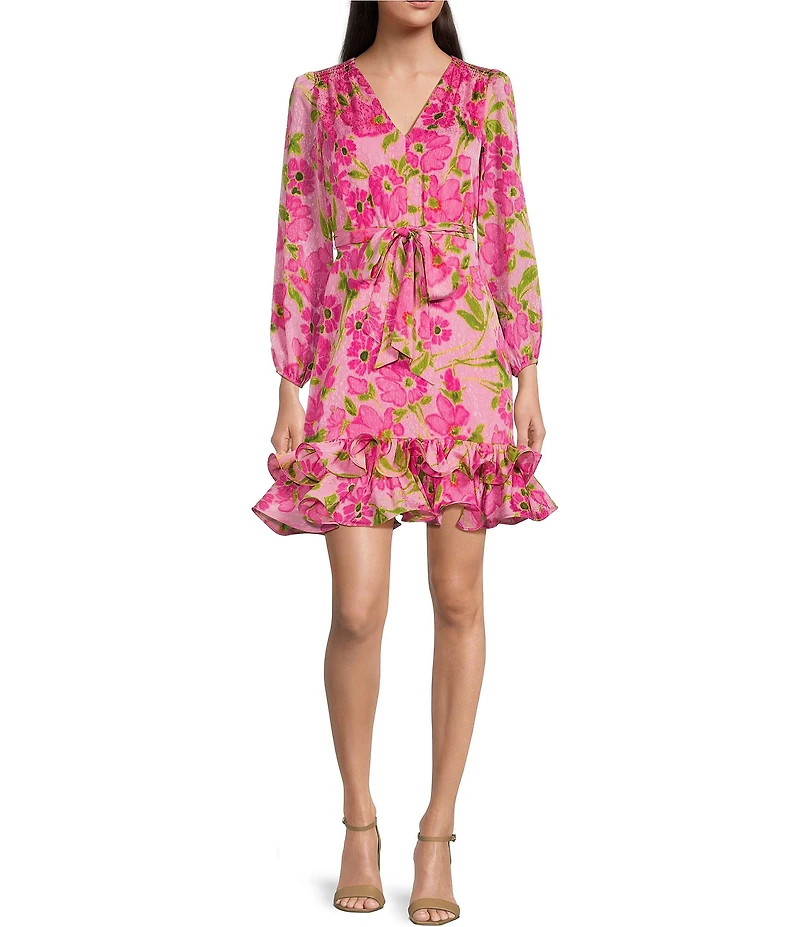 Taylor Floral V-Neck Long Sleeve Tiered Ruffle Hem Dress