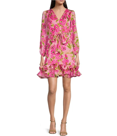 Taylor Floral V-Neck Long Sleeve Tiered Ruffle Hem Dress