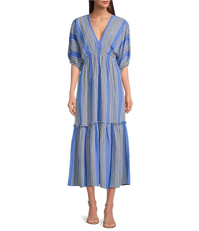 Taylor Striped V-Neckline Elbow Length Sleeve Tiered Bottom Maxi Dress