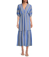 Taylor Striped V-Neckline Elbow Length Sleeve Tiered Bottom Maxi Dress