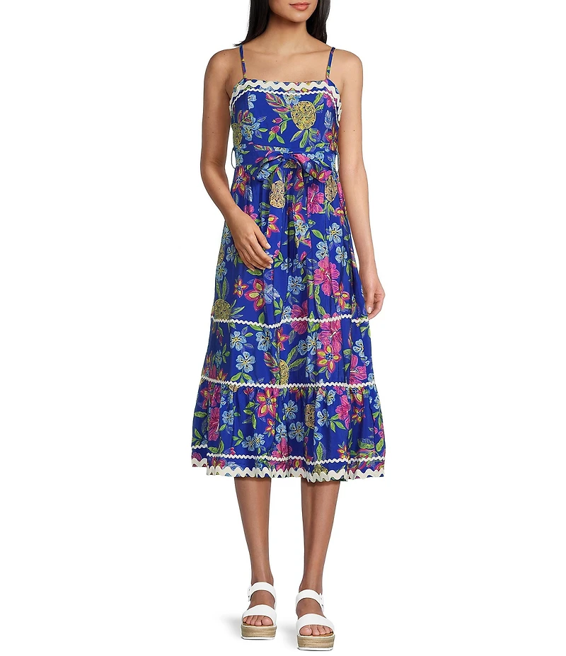 TCEC Floral Print Ric Rac Trim Square Neck Spaghetti Strap Midi Dress