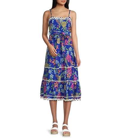 TCEC Floral Print Ric Rac Trim Square Neck Spaghetti Strap Midi Dress