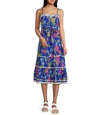 TCEC Floral Print Ric Rac Trim Square Neck Spaghetti Strap Midi Dress