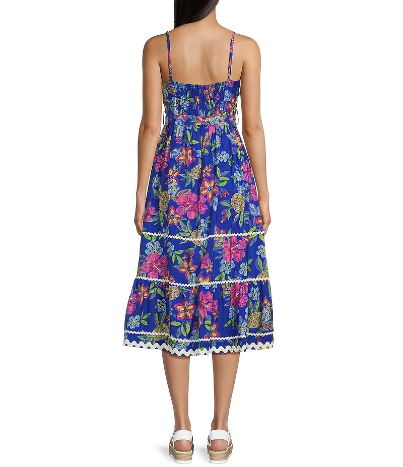 TCEC Floral Print Ric Rac Trim Square Neck Spaghetti Strap Midi Dress