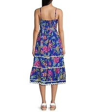 TCEC Floral Print Ric Rac Trim Square Neck Spaghetti Strap Midi Dress