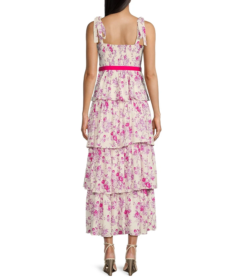 TCEC Floral Print Square Neck Velvet Belted Tiered Midi Dress