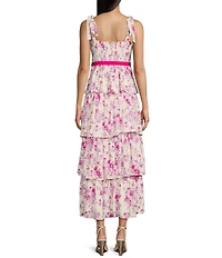 TCEC Floral Print Square Neck Velvet Belted Tiered Midi Dress