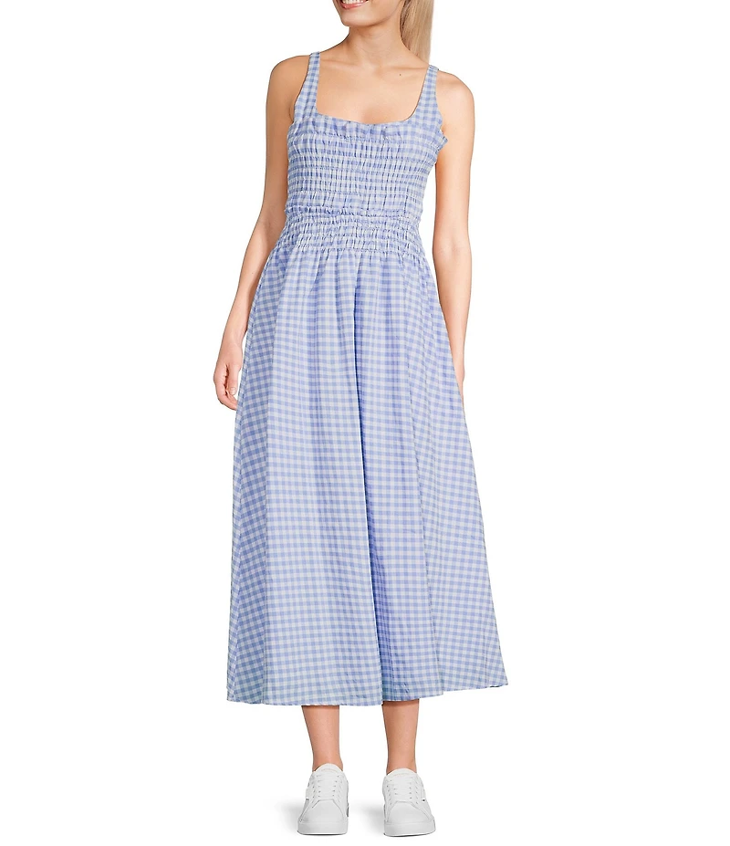 TCEC Gingham Square Neck Smocked Bodice Midi Dress