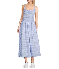 TCEC Gingham Square Neck Smocked Bodice Midi Dress