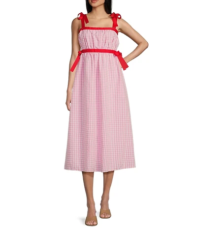 TCEC Gingham Square Neck Tie Shoulder Midi Dress