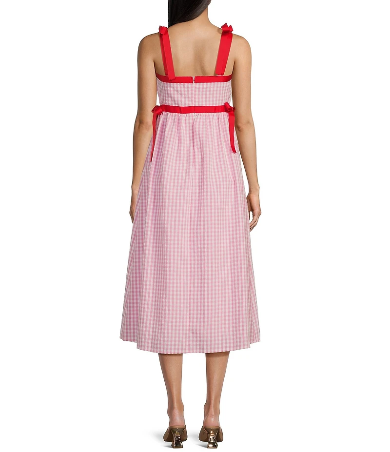TCEC Gingham Square Neck Tie Shoulder Midi Dress