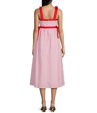 TCEC Gingham Square Neck Tie Shoulder Midi Dress