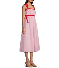 TCEC Gingham Square Neck Tie Shoulder Midi Dress