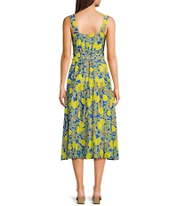 TCEC Sleeveless Lemon Print Square Neck Button Front Belted Midi Dress