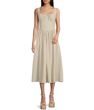 TCEC Stripe Print Square Neck Sleeveless Corset Midi Dress
