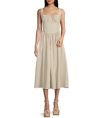 TCEC Stripe Print Square Neck Sleeveless Corset Midi Dress